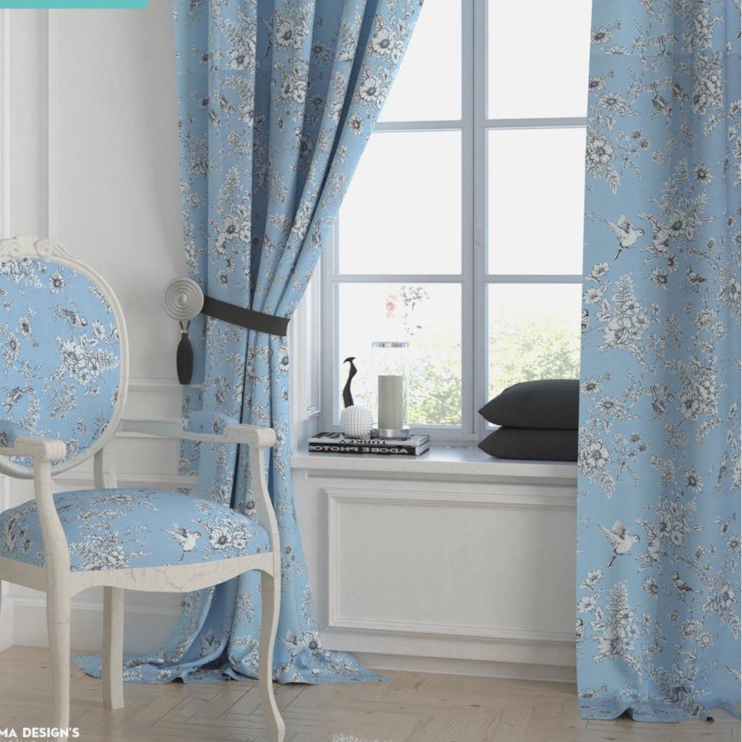 Light Blue Curtain Panels Panama Linen White Flowers Birds Steady Stand