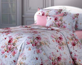 Lively Floral Organic Cotton Duvet Cover Set, Red Teal Salmon Pink Light Lavender 100% Turkish Organic Cotton Twin, Full, Queen or Any Size