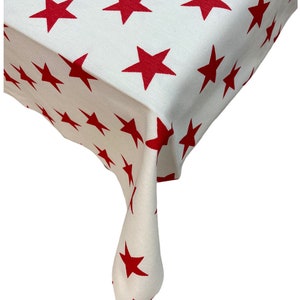 Big Red  Stars Patterned  Panama Linen Tablecloths Stain and Water Repellent Round Square Rectangular Oval or Any Size Runner Napkins Plain