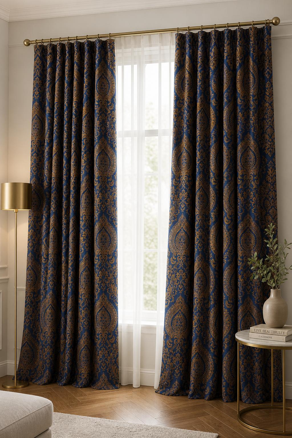 Custom Size Drape Damask Patterned Darkblue Cinnamon Magnificent ...