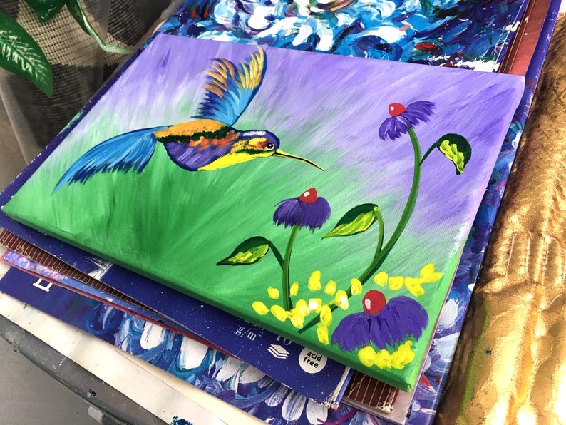 Hummingbird Painting Bird Original Art Impasto Wall Art Bird Painting Acrylic Painting Small Painting 13 by 8 by MyrikArt
