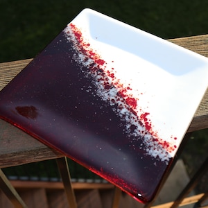 Dramatic Squared Red and White - Fused Glass Dish - Plate