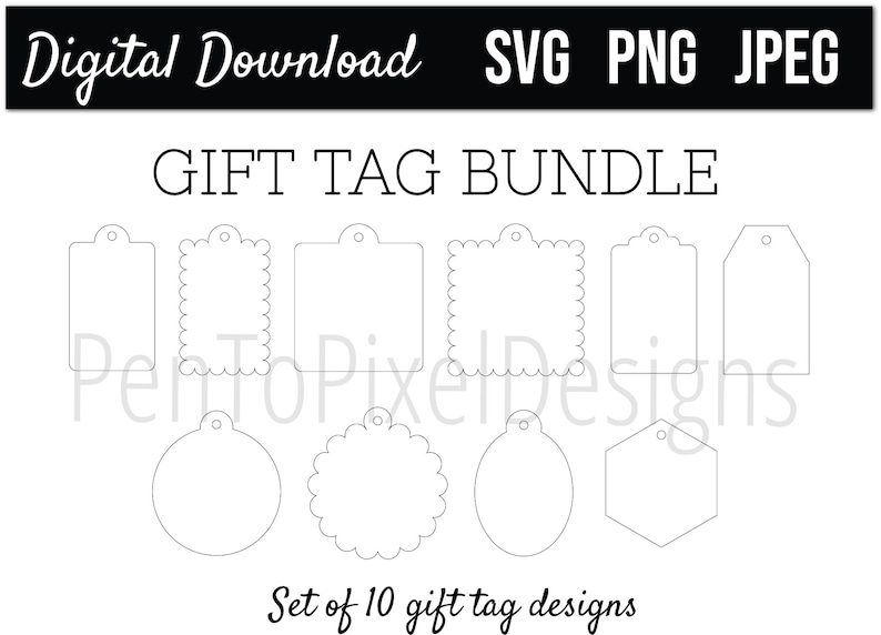 Puede incluir: Un conjunto de diez dise&ntilde;os de etiquetas de regalo imprimibles en blanco y negro. Las etiquetas son de varias formas, incluyendo c&iacute;rculos, cuadrados y rect&aacute;ngulos. El texto "Gift Tag Bundle" y "Set of 10 gift tag designs" est&aacute; incluido en la imagen.