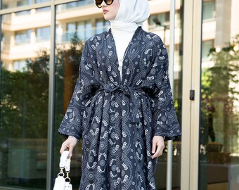 Turkish Dress Kimono Cardigan Kimono for Women Robes Patterned Elegant Gray Trench Coat Outwear Dress Women Clothes Home Dress
