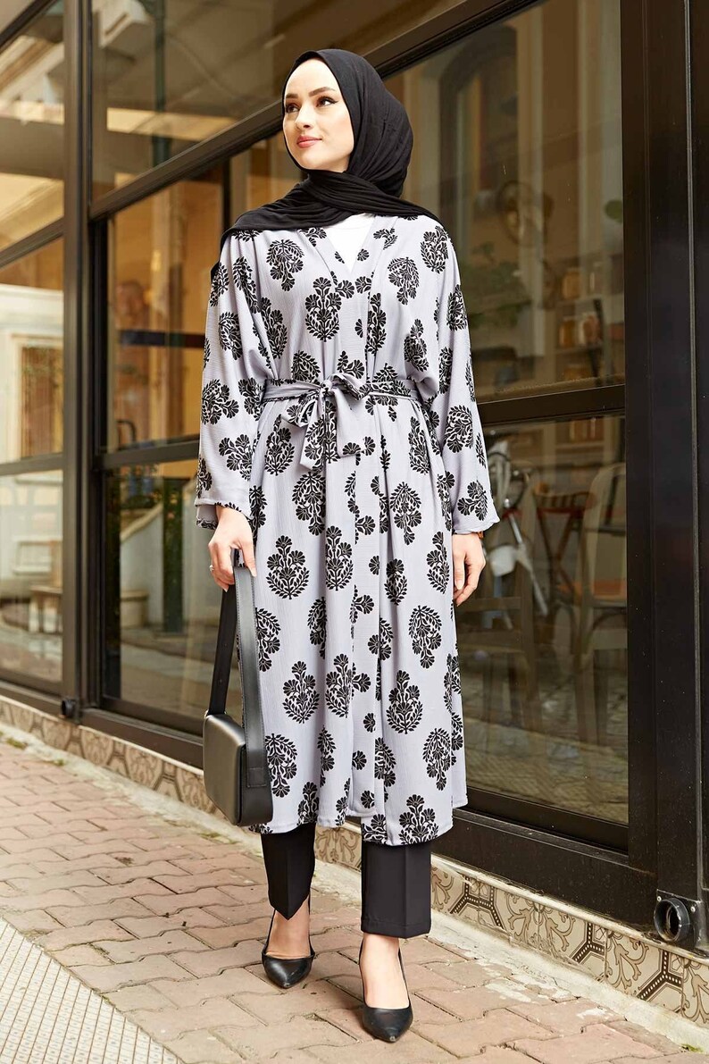 Turkish Dress Kimono Cardigan Kimono for Women Robes Patterned Elegant Gray Trench Coat Outwear Dress Women Clothes Home Dress