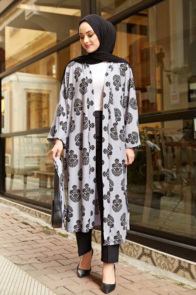 Turkish Dress Kimono Cardigan Kimono for Women Robes Patterned Elegant Gray Trench Coat Outwear Dress Women Clothes Home Dress