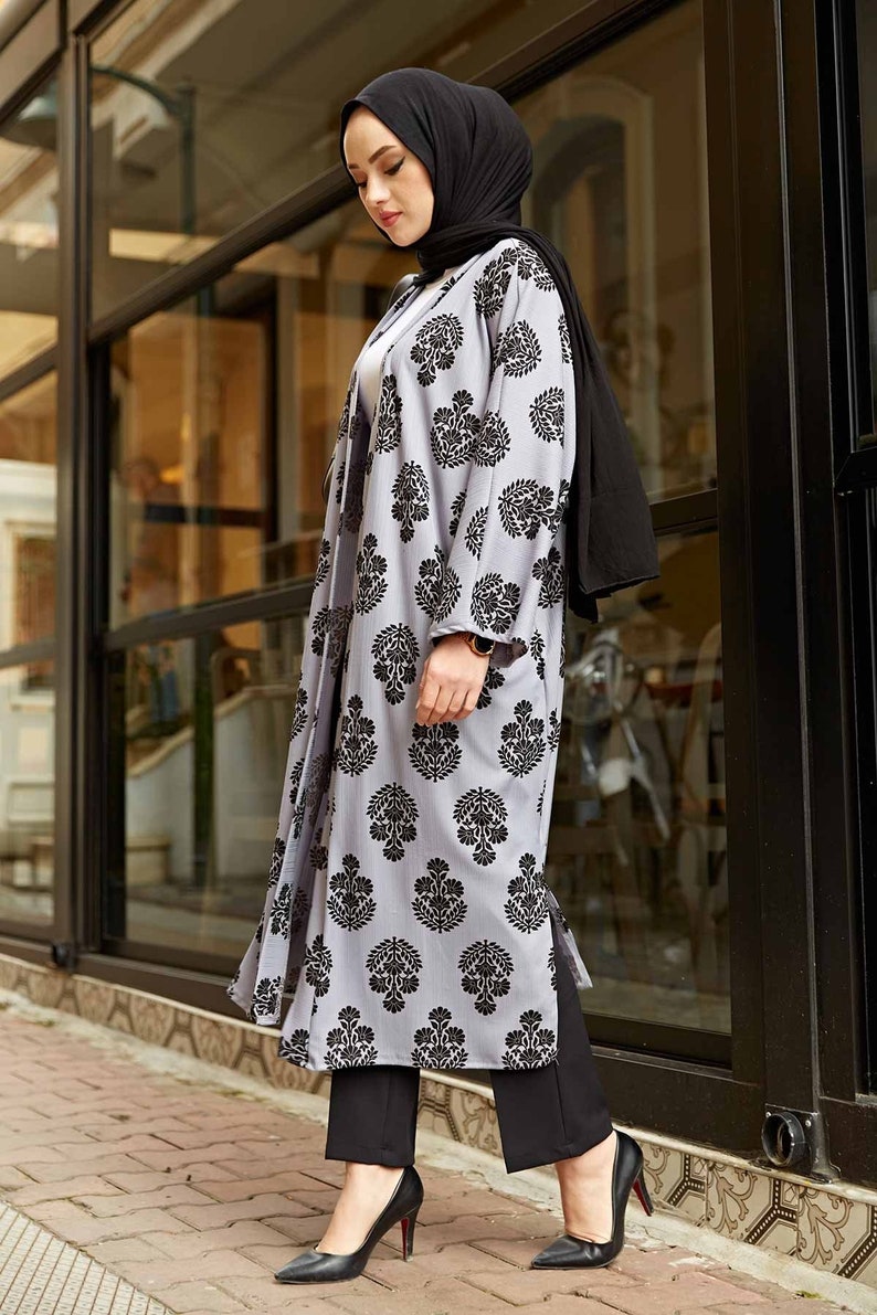 Turkish Dress Kimono Cardigan Kimono for Women Robes Patterned Elegant Gray Trench Coat Outwear Dress Women Clothes Home Dress