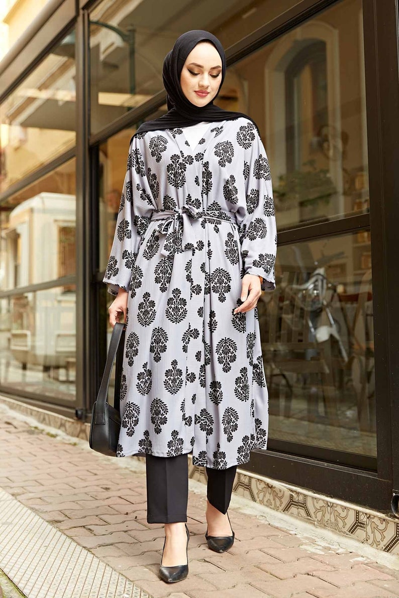 Turkish Dress Kimono Cardigan Kimono for Women Robes Patterned Elegant Gray Trench Coat Outwear Dress Women Clothes Home Dress