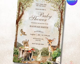 Woodland Baby Shower Invitation, editable Gender Neutral Woodland animals invitations, Woodlands Theme Invites Template Instant download