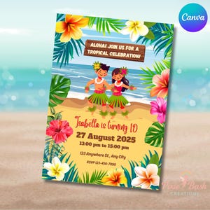 Puede incluir: Una colorida invitación para una celebración tropical, con ilustraciones de niños con trajes de hula. La invitación incluye el texto "¡Aloha! ¡Únete a nosotros para una celebración tropical!" y detalles para una fiesta de cumpleaños.