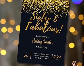 60th Birthday Invitation Sixty and Fabulous Editable Digital