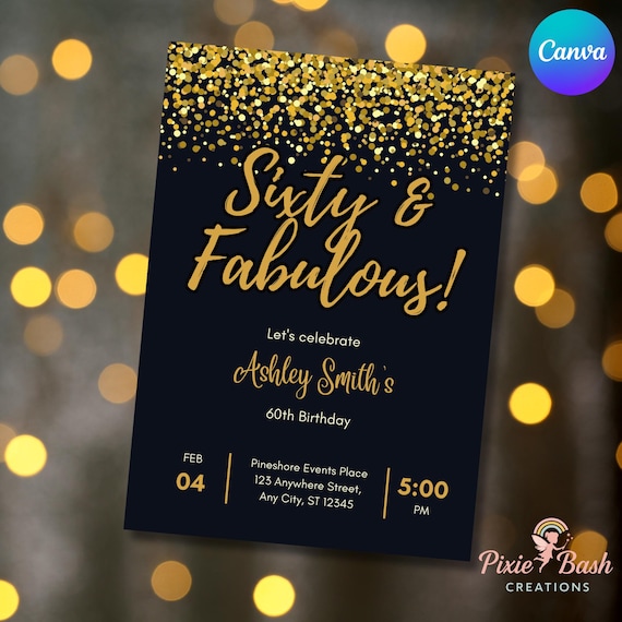 60th Birthday Invitation Sixty and Fabulous Editable Digital