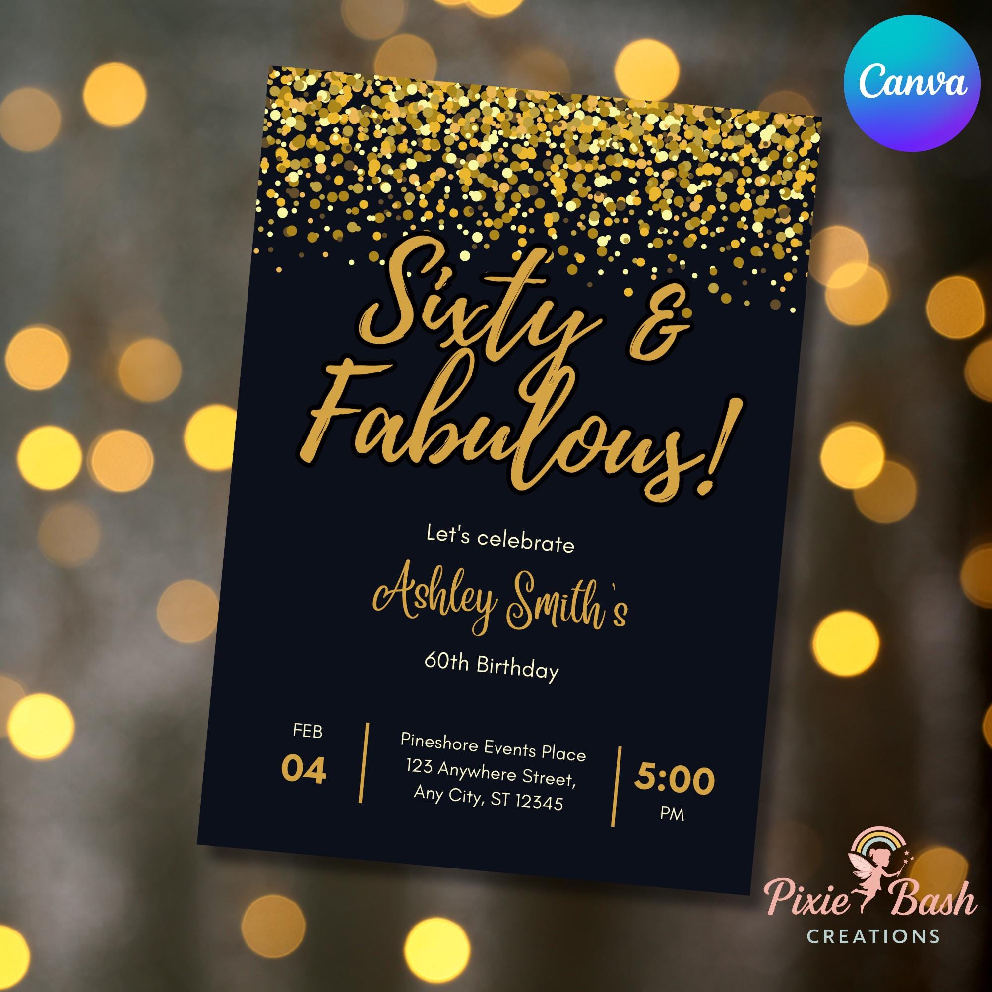 60th Birthday Invitation Sixty and Fabulous Editable Digital