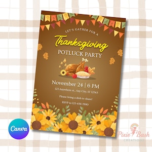 Thanksgiving Potluck Party Invitation: Editable Thanksgiving dinner Invite Canva Template (5x7in, Digital Download)