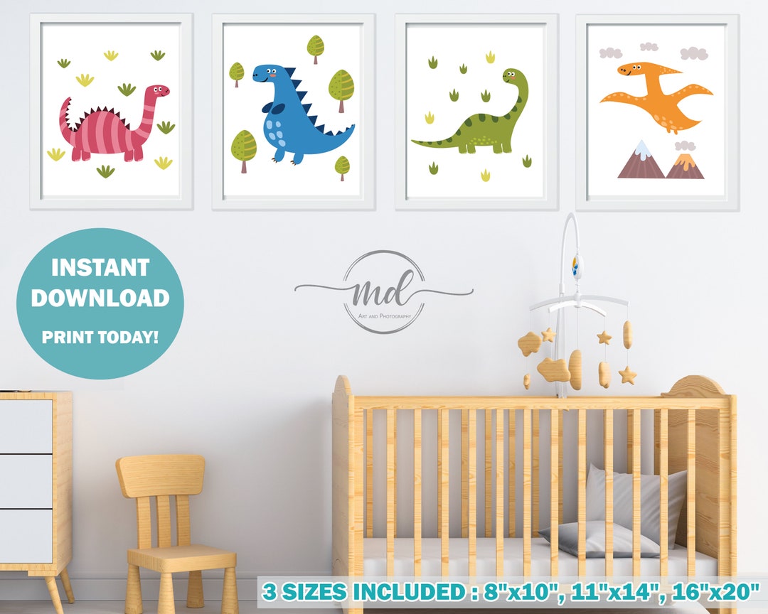 Cute Dinosaurs Nursery Wall Decor Set, Dinosaur, Girl, Boy, Wall Art ...