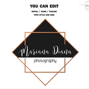 Puede incluir: Una plantilla de dise&ntilde;o de logotipo con una forma de diamante negro con un marco geom&eacute;trico de color cobre. El texto "Mariana Diana photography" est&aacute; escrito en fuente cursiva blanca.
