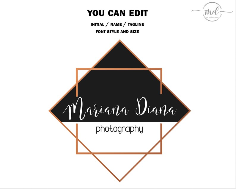 Puede incluir: Una plantilla de dise&ntilde;o de logotipo con una forma de diamante negro con un marco geom&eacute;trico de color cobre. El texto "Mariana Diana photography" est&aacute; escrito en fuente cursiva blanca.