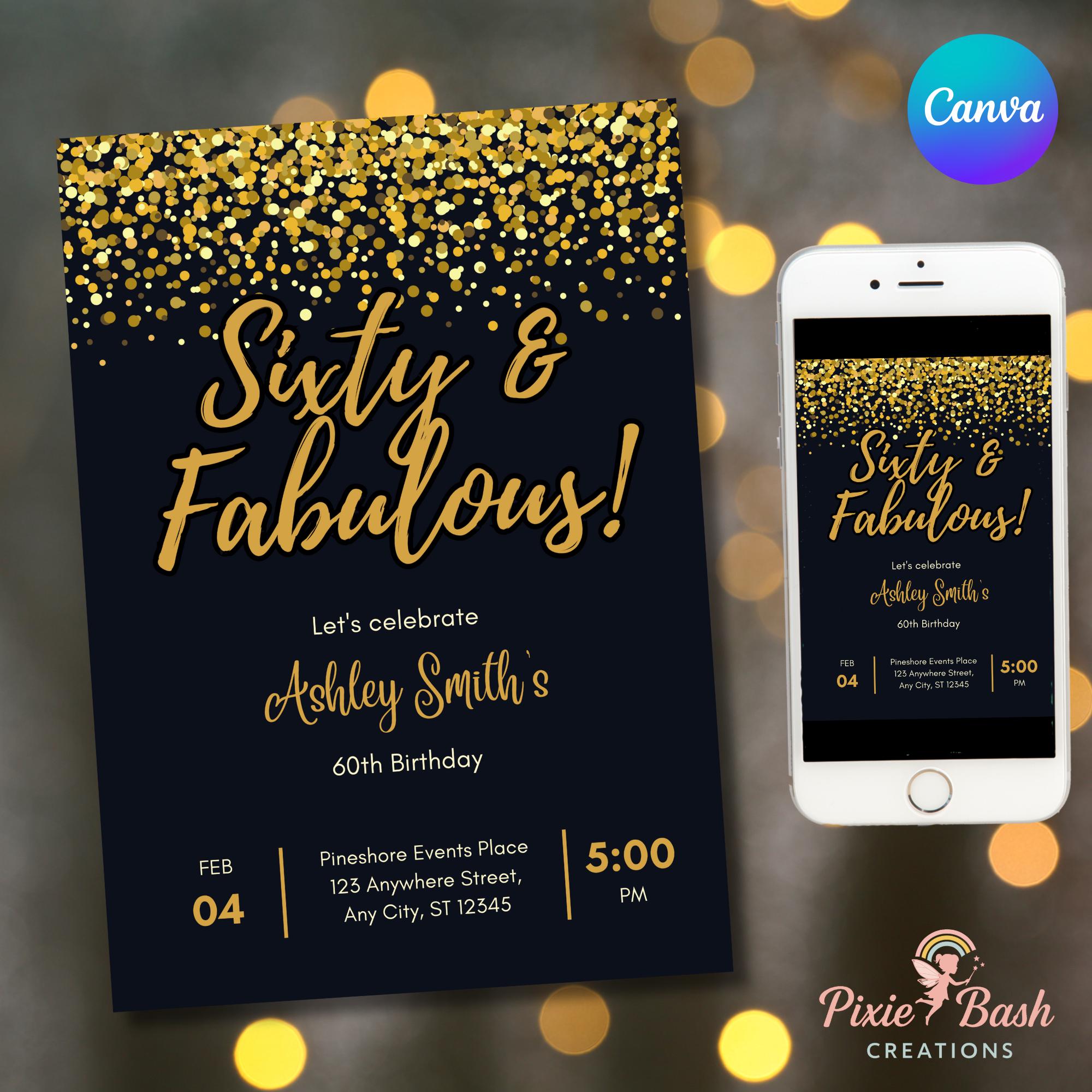 60th Birthday Invitation Sixty and Fabulous Editable Digital