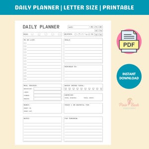 May include: A printable daily planner in letter size. The white planner includes sections for mood, to-do list, goals, meal tracker, water intake, exercise, and notes. The image also includes a PDF icon and the words "Instant Download."
