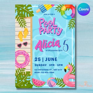 Geburtstagseinladung Pool-Party Thema bearbeitbare Vorlage für Geburtstagsparty Invite Canva Druckbare Einladung Kinder-Geburtstagsfeier Sommer-Lache