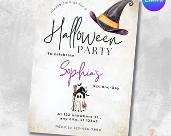 Peut inclure: Une invitation à une fête d'Halloween avec un chapeau de sorcière et un fantôme tenant une citrouille. Le texte indique "Halloween Party" et comprend les détails de l'événement et les informations RSVP. Le design est sur fond blanc cassé texturé.