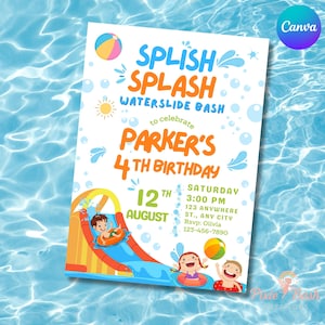 Waterslide Birthday Invitation Pool Party  editable template for water slide birthday Invite Canva Printable kids birthday party summer pool