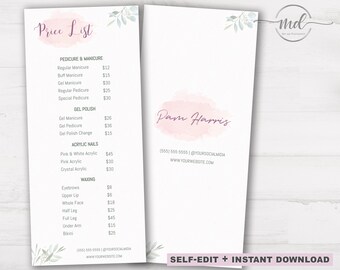 May include: A two-page price list with a watercolor-style pink splash and botanical accents. The left page lists pedicure, manicure, gel polish, acrylic nails, and waxing services. The right page features a name, contact info, and website.