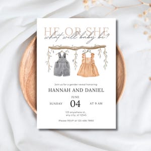 May include: A gender reveal invitation with the text "He or She, what will baby be?" features watercolor illustrations of overalls and a dress. The invitation includes the names Hannah and Daniel, the date, time, and RSVP information.