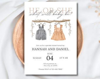 Editable gender reveal invitation neutral colors Invite gender reveal baby shower digital templat instant download Canva earth tones
