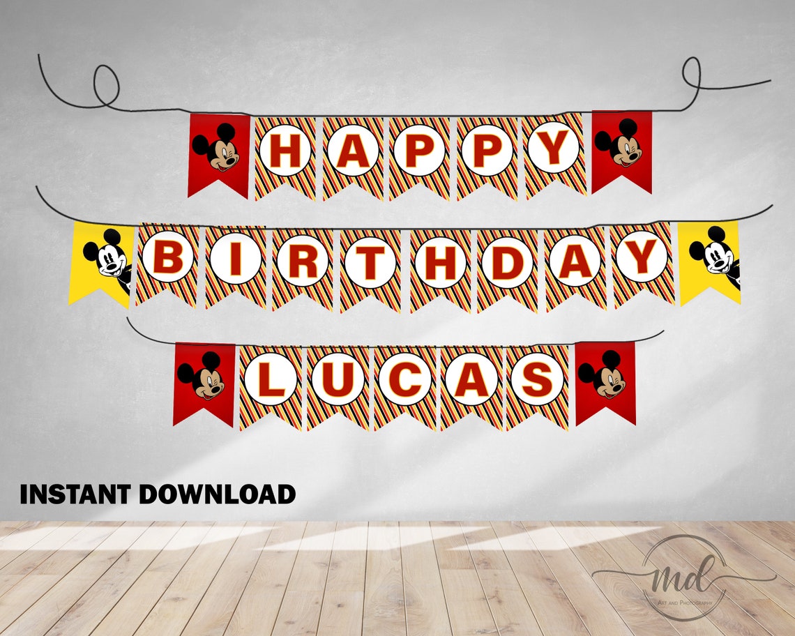 Mickey Mouse Banner Template, Happy Birthday Banner, Mickey Printables, Party, Favors, Birthday ...