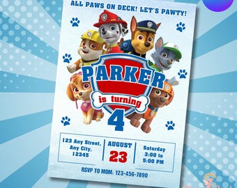 Paw-ty Birthday Invitation Template Puppy Patrol Pup Crew invite layout Canva instant Download, Kids Printable Party Invitation