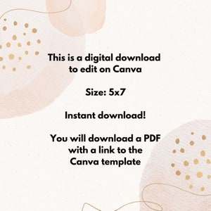 Puede incluir: Una descarga digital para una plantilla de Canva, con un fondo de acuarela rosa y dorado. El texto dice "Esta es una descarga digital para editar en Canva. Tama&ntilde;o: 5x7. &iexcl;Descarga instant&aacute;nea! Descarga un PDF con un enlace a la plantilla de Canva."