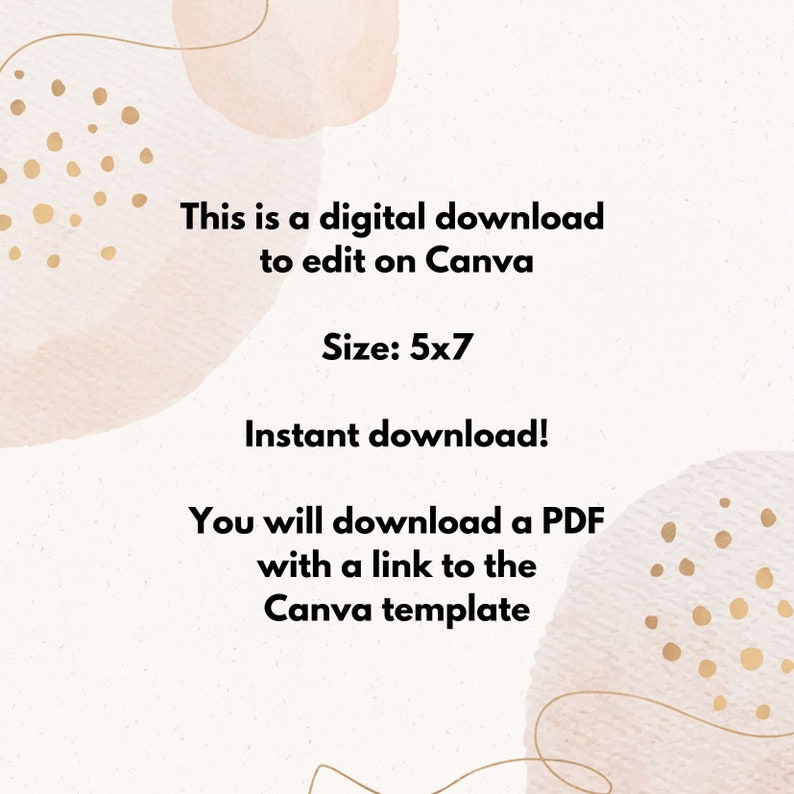 Puede incluir: Una descarga digital para una plantilla de Canva, con un fondo de acuarela rosa y dorado. El texto dice "Esta es una descarga digital para editar en Canva. Tama&ntilde;o: 5x7. &iexcl;Descarga instant&aacute;nea! Descarga un PDF con un enlace a la plantilla de Canva."