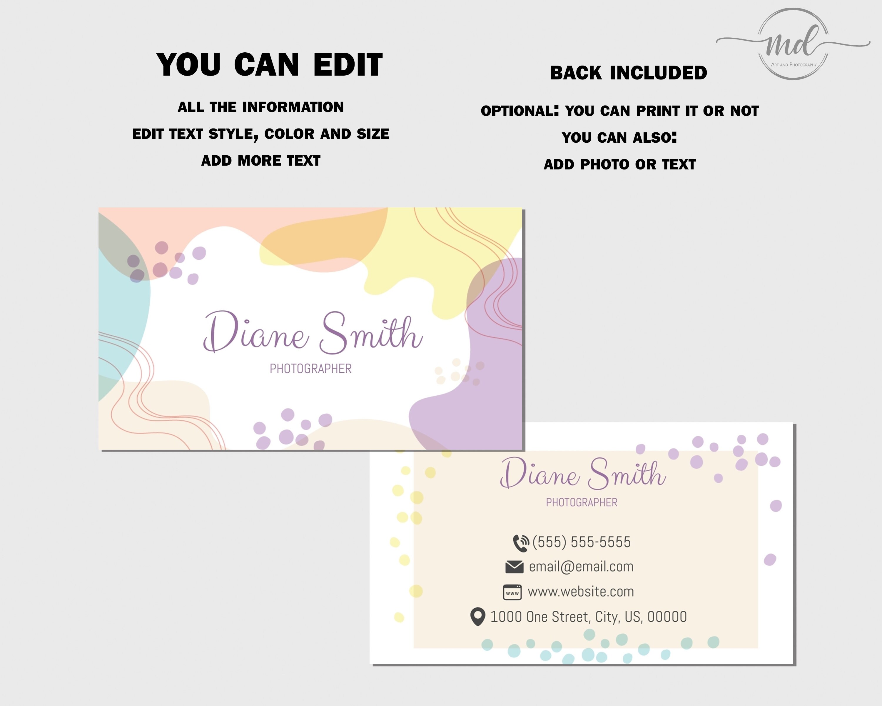 Business Card Template Printable - Instant Business Card - Editable Business Card Design ...