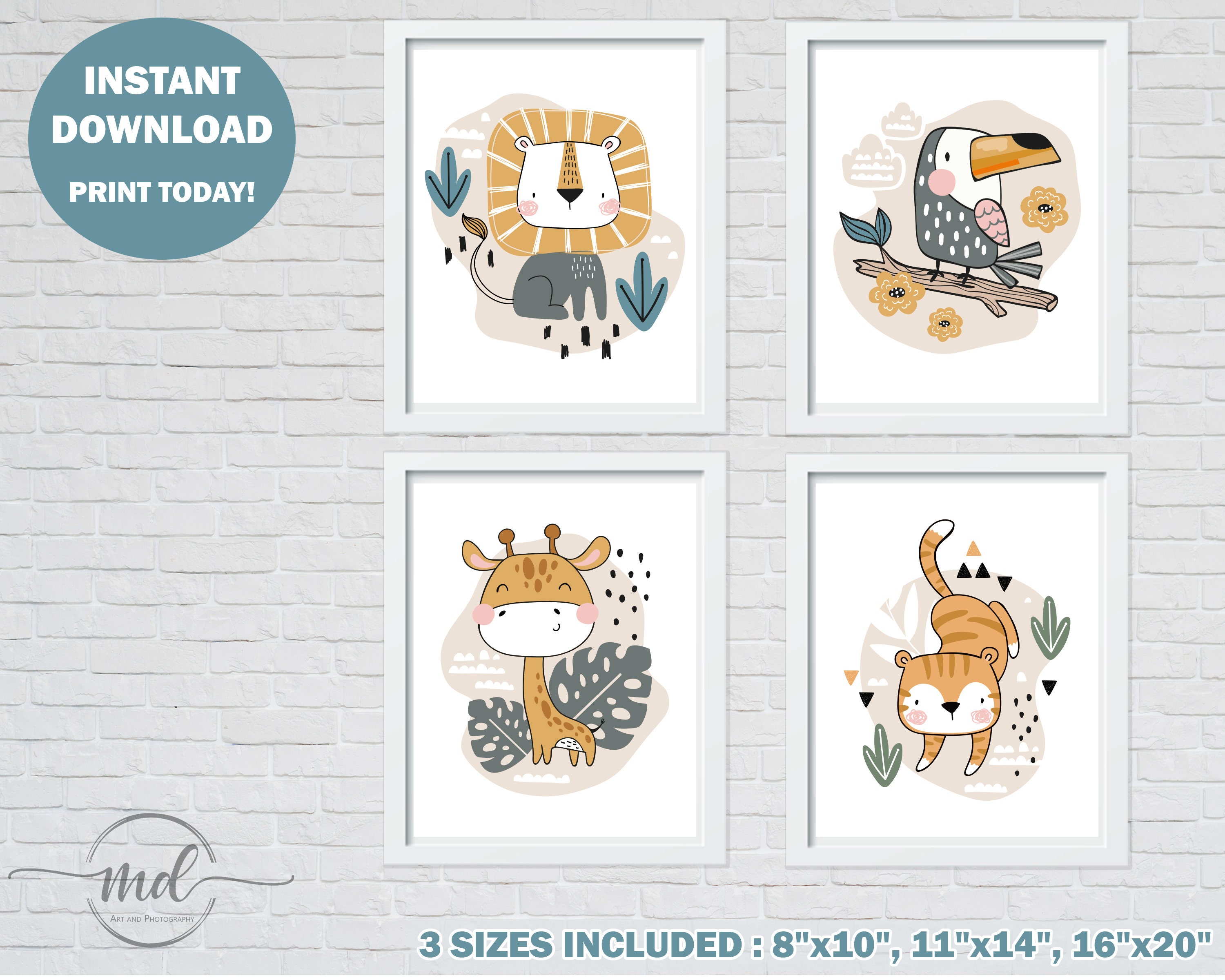 Safari Nursery Wall Decor Set, Safari Nursery Print, Cute Animals, Baby Boy Girl, Giraffe, Lion