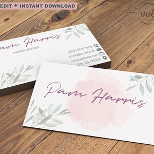 Blush Classic Visitenkarte Vorlage zum ausdrucken, Instant Visitenkarte, bearbeitbares Visitenkarte Design, moderne Blumen, Blätter, Aquarell