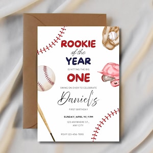 Rookie of the year Baseball Birthday Invitation editable template first birthday party Invite Printable Canva instant download Ball