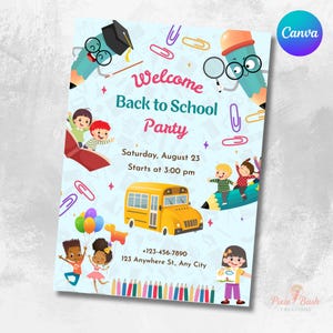 Back To School party Invitation, Back to School bash Flyer, End of Summer Party, Editable School Event invite, Hello School, Canva Editable