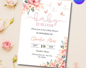 Invito Baby in Bloom per baby shower, modello di invito Baby in Bloom per bambina, download immediato, invito per baby shower, modificabile
