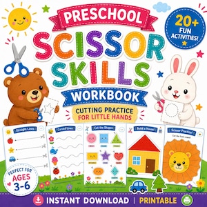 May include: A colorful preschool scissor skills workbook cover featuring a brown bear and a white rabbit holding scissors. The text reads Preschool Scissor Skills Workbook, Cutting Practice For Little Hands, 20+ Fun Activities, and Ages 3-6.