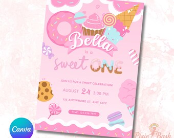 May include: Pink birthday party invitation with a donut, cupcake, and ice cream cone design. The invitation reads "Bella is a Sweet One" and includes event details for August 24th at 3:00 PM.