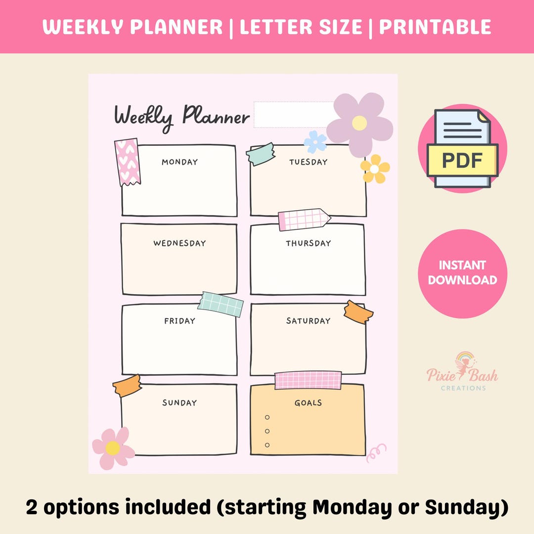 Weekly Planner Printable Cute Flowers Schedule for Kids Family to Do ...