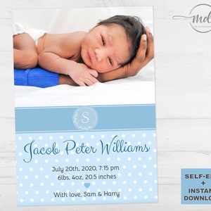 Birth Announcement Template for Baby Boy, Photo Baby Announcement Card, Newborn announcement, Editable Template, Printable, Instant Download