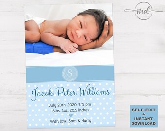 Plantilla de anuncio de nacimiento de bebé niño, tarjeta con foto para anuncio de bebé, anuncio de recién nacido, plantilla editable, imprimible, descarga instantánea