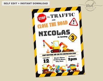 Construction Birthday Party Invitation Template, Birthday Party Invite, Printable, Construction, Cars, Traffic signs, Instant download