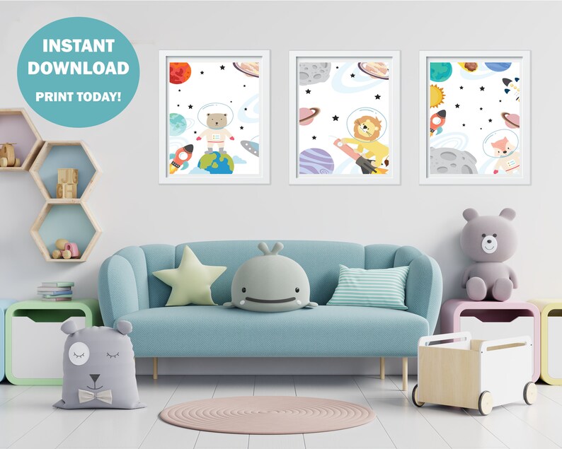 Space Animals Nursery Wall Decor Set, Cute Animals, Girl, Boy, Wall Art ...