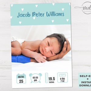 Birth Announcement Template for Baby Boy, Photo Baby Announcement Card, Newborn announcement, Editable Template, Printable, Instant Download