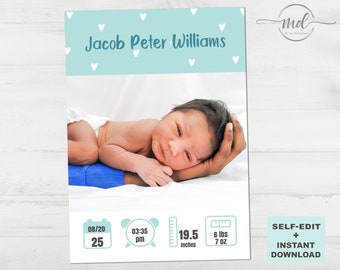 Birth Announcement Template for Baby Boy, Photo Baby Announcement Card, Newborn announcement, Editable Template, Printable, Instant Download