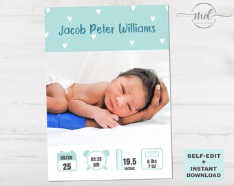 Plantilla de anuncio de nacimiento de niño: Tarjeta con foto (descarga instantánea)