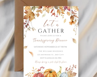 Thanksgiving Dinner Invitation: Editable Thanksgiving party Invite Canva Template (5x7in, Digital Download)